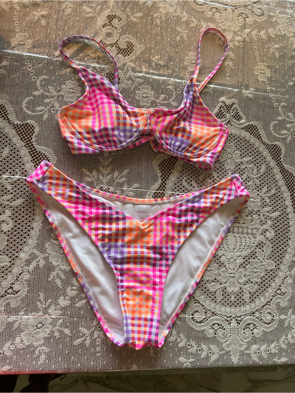 Xhilaration Pink Orange Purple Plaid Bikini XL
